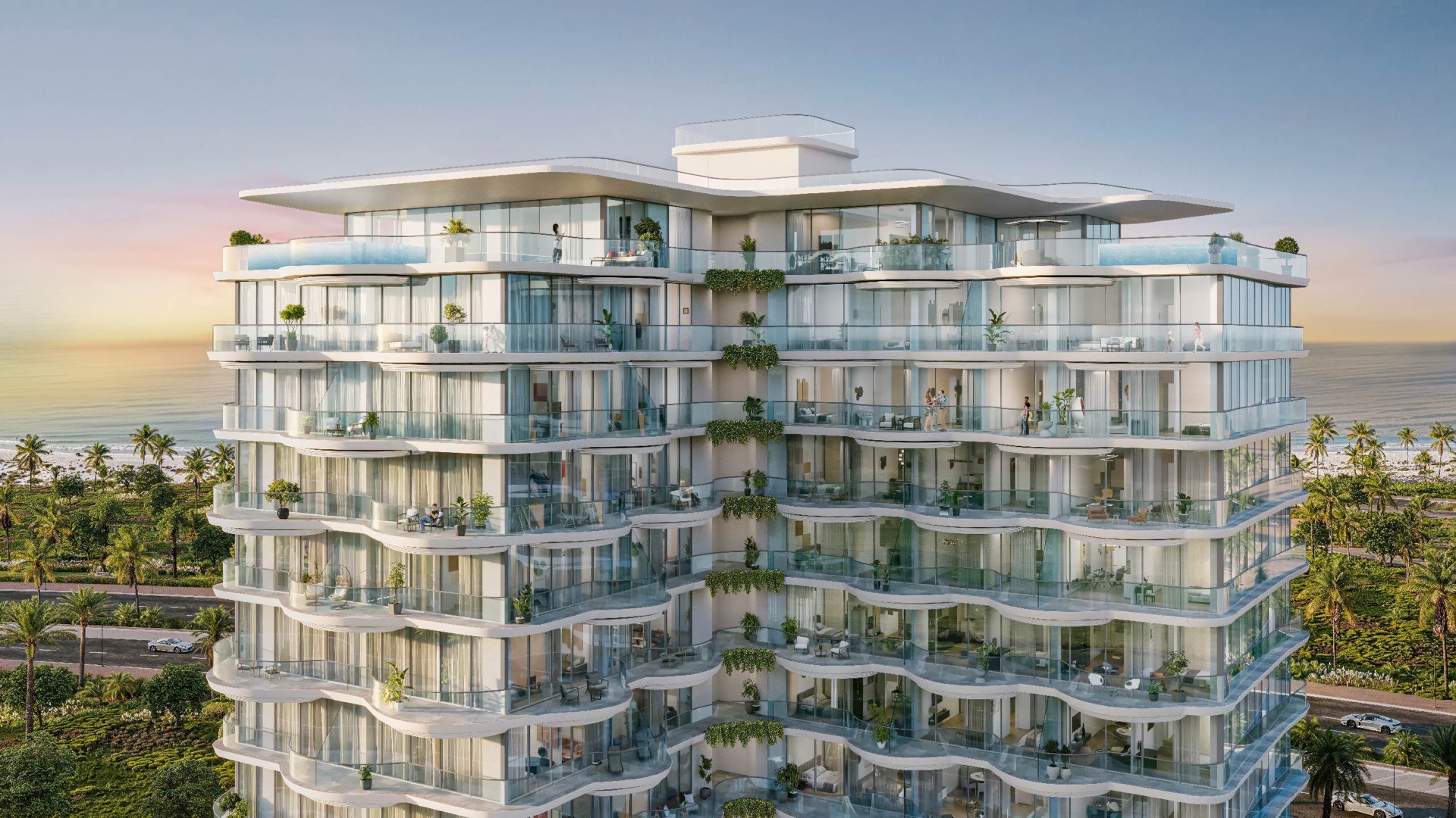Aqua Maya upper-building exterior at sunset architectural rendering