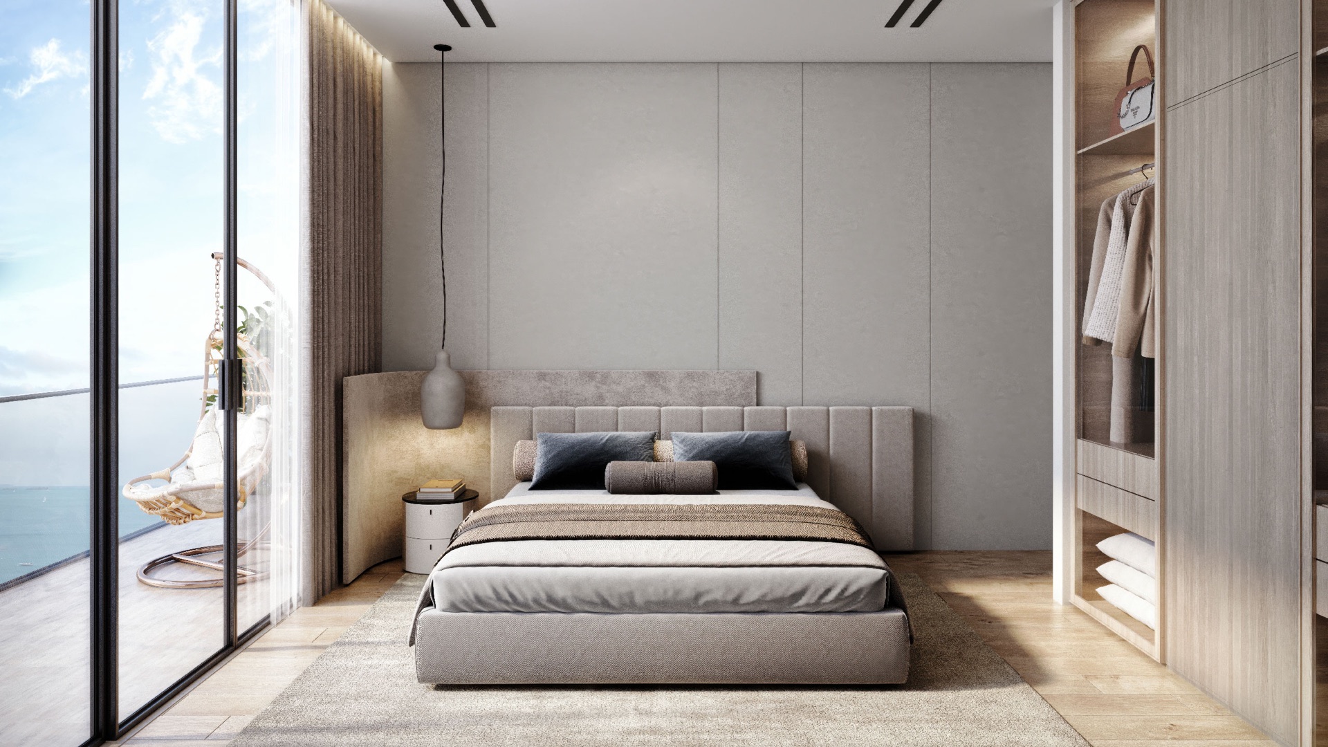 Aqua Maya primary bedroom with sea-facing balcony architectural rendering