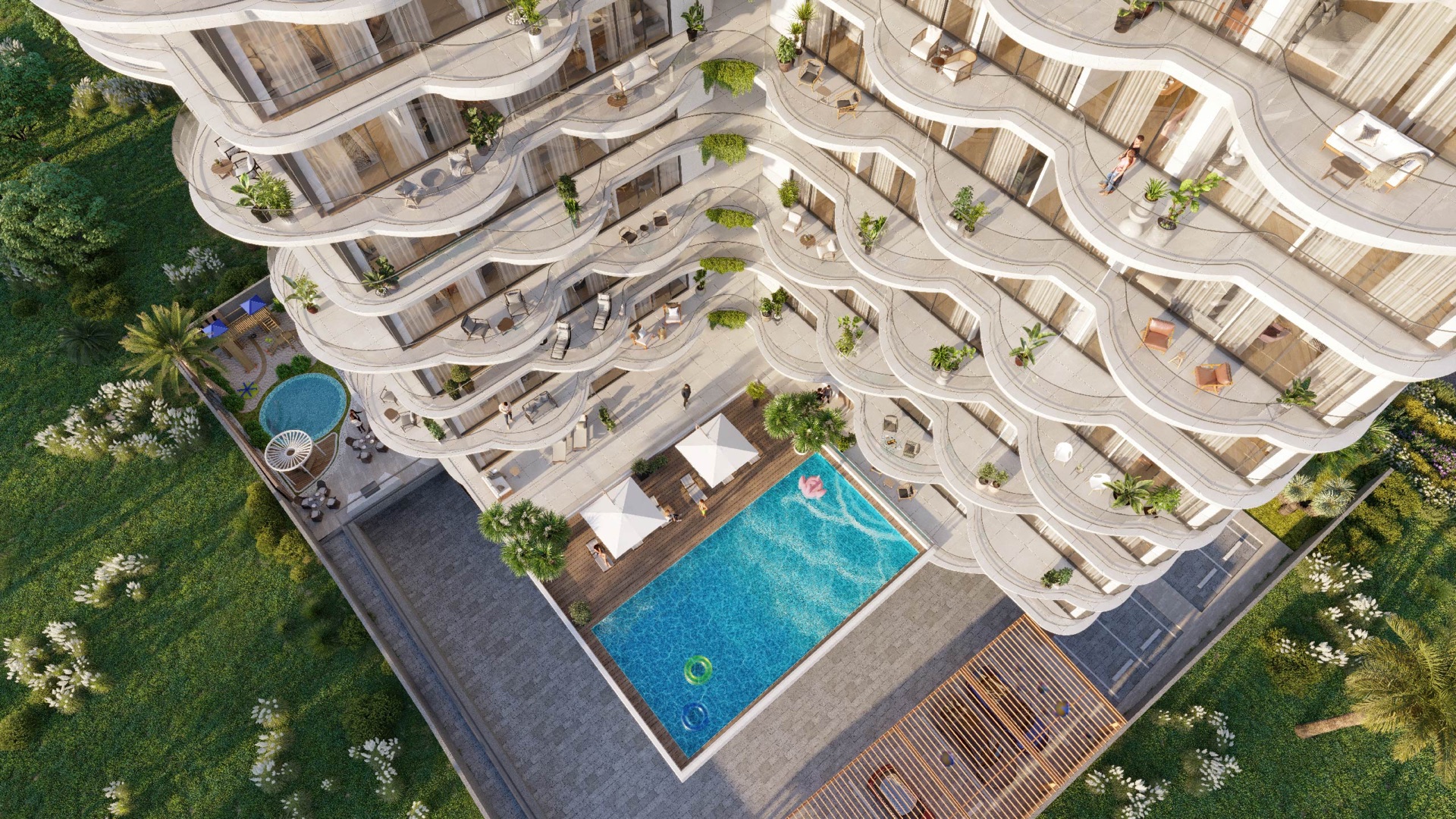 Aqua Maya aerial exterior and pool deck architectural rendering
