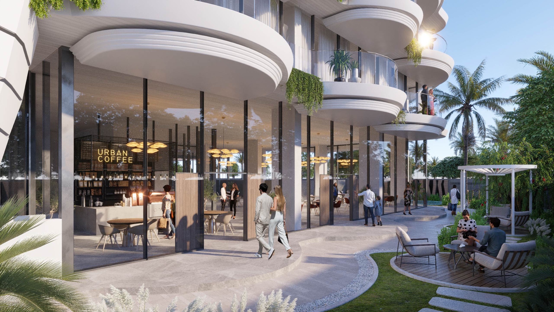 Aqua Maya landscaped café and retail terrace architectural rendering