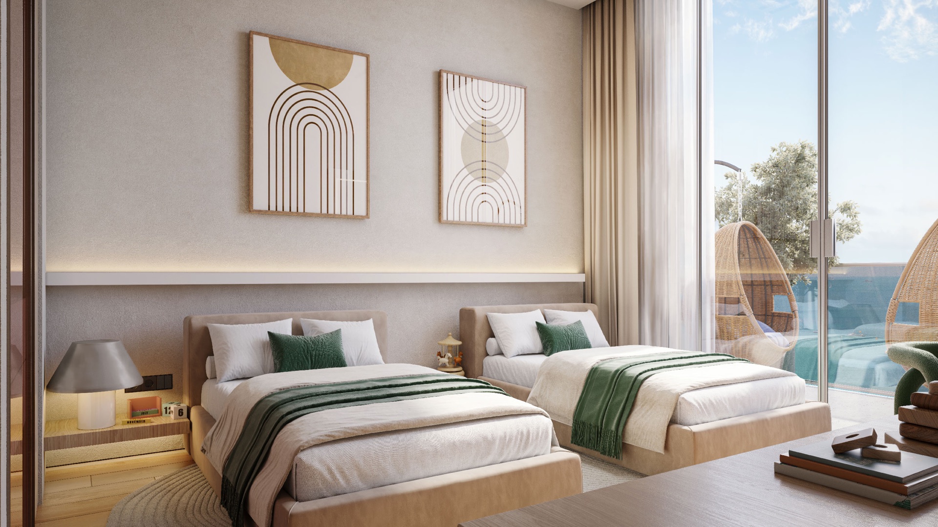 Aqua Maya twin guest bedroom with sea-view balcony architectural rendering