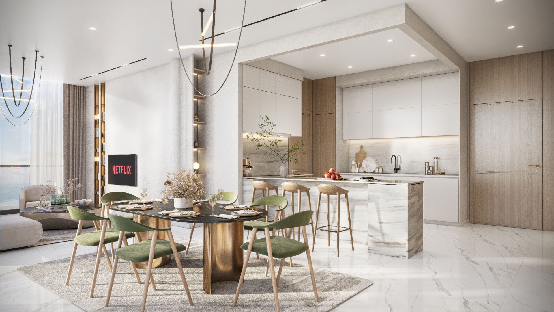 Aqua Maya open-plan living dining and kitchen architectural rendering
