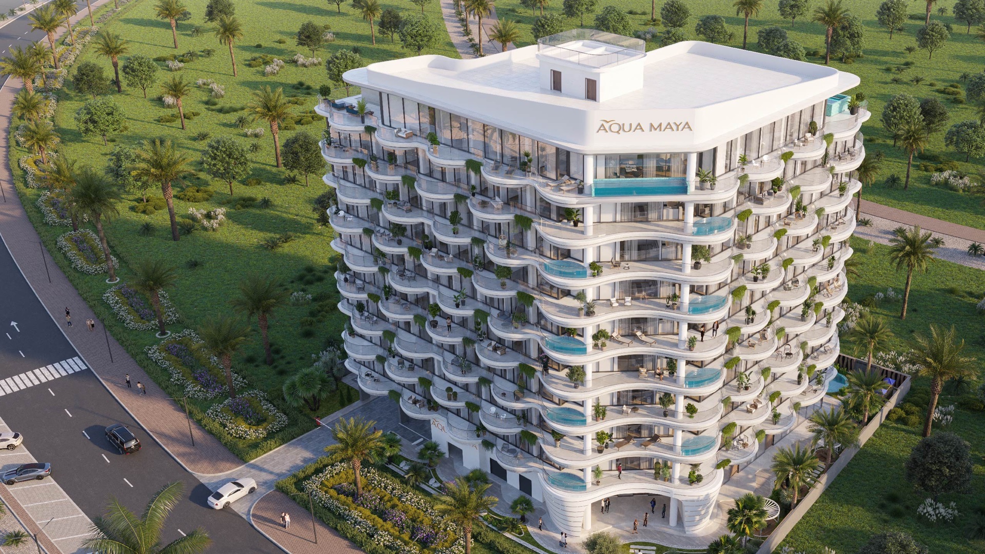 Aqua Maya full-building aerial exterior architectural rendering