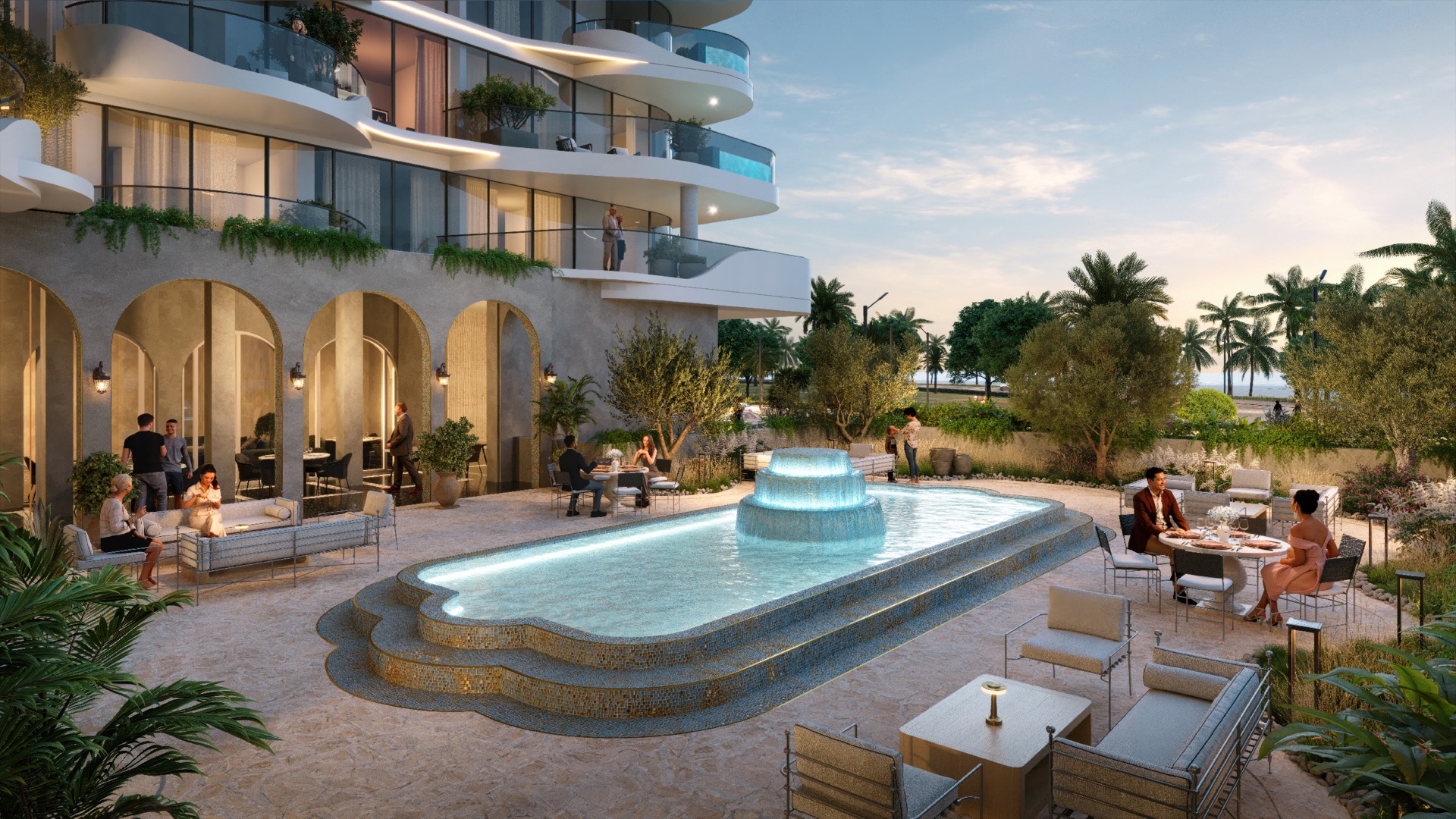 La Perla central courtyard pool and alfresco seating architectural rendering
