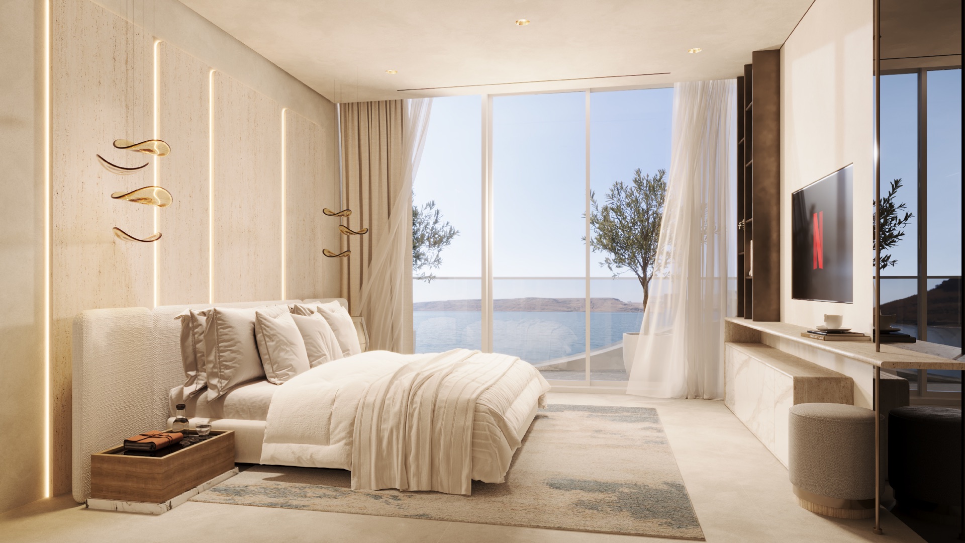La Perla primary bedroom with sea-view balcony architectural rendering