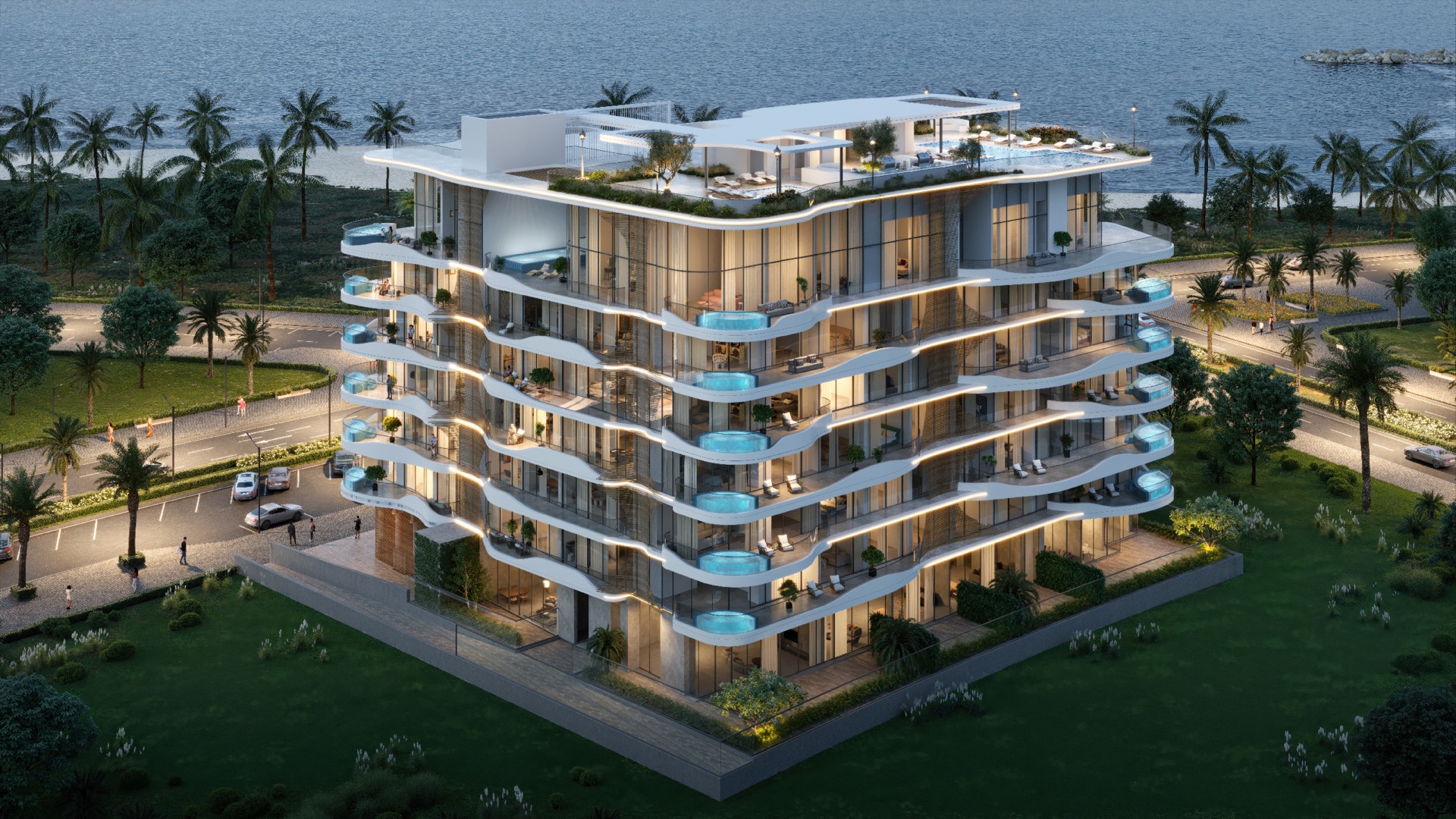 La Perla dusk aerial exterior and rooftop amenities architectural rendering
