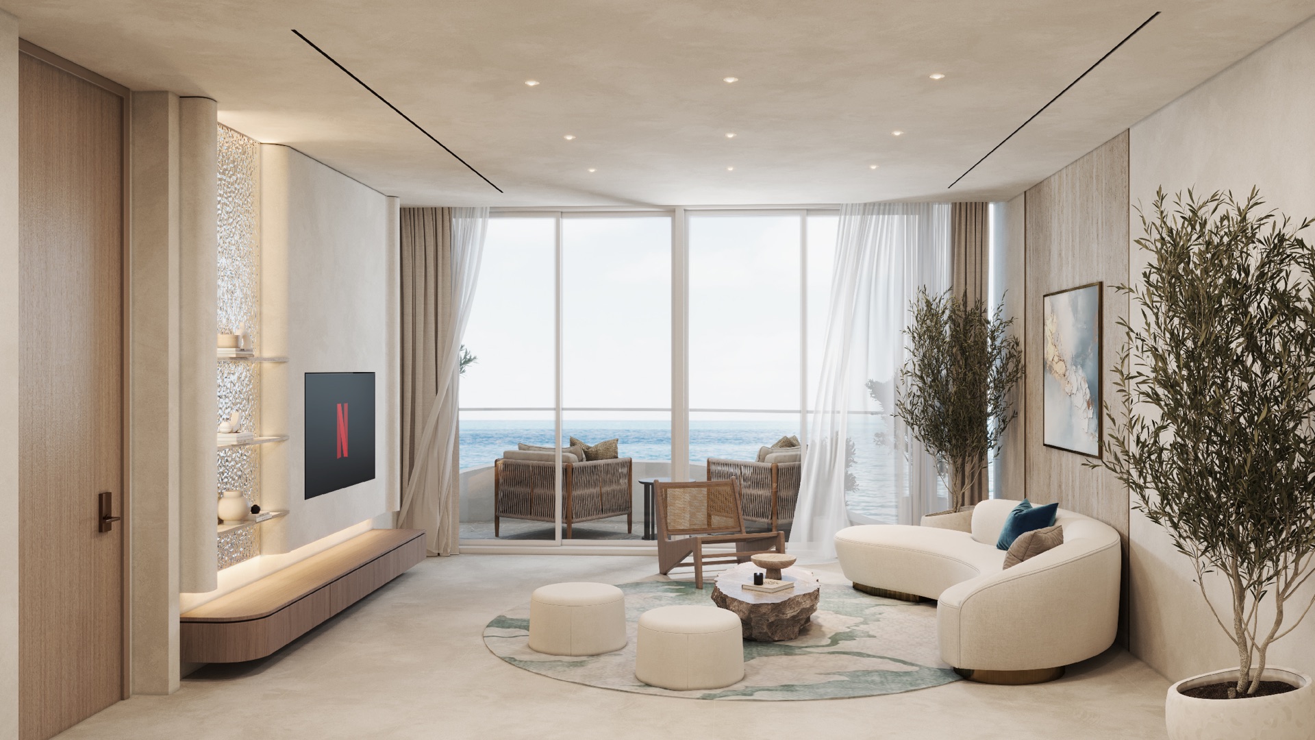 La Perla waterfront living room architectural rendering