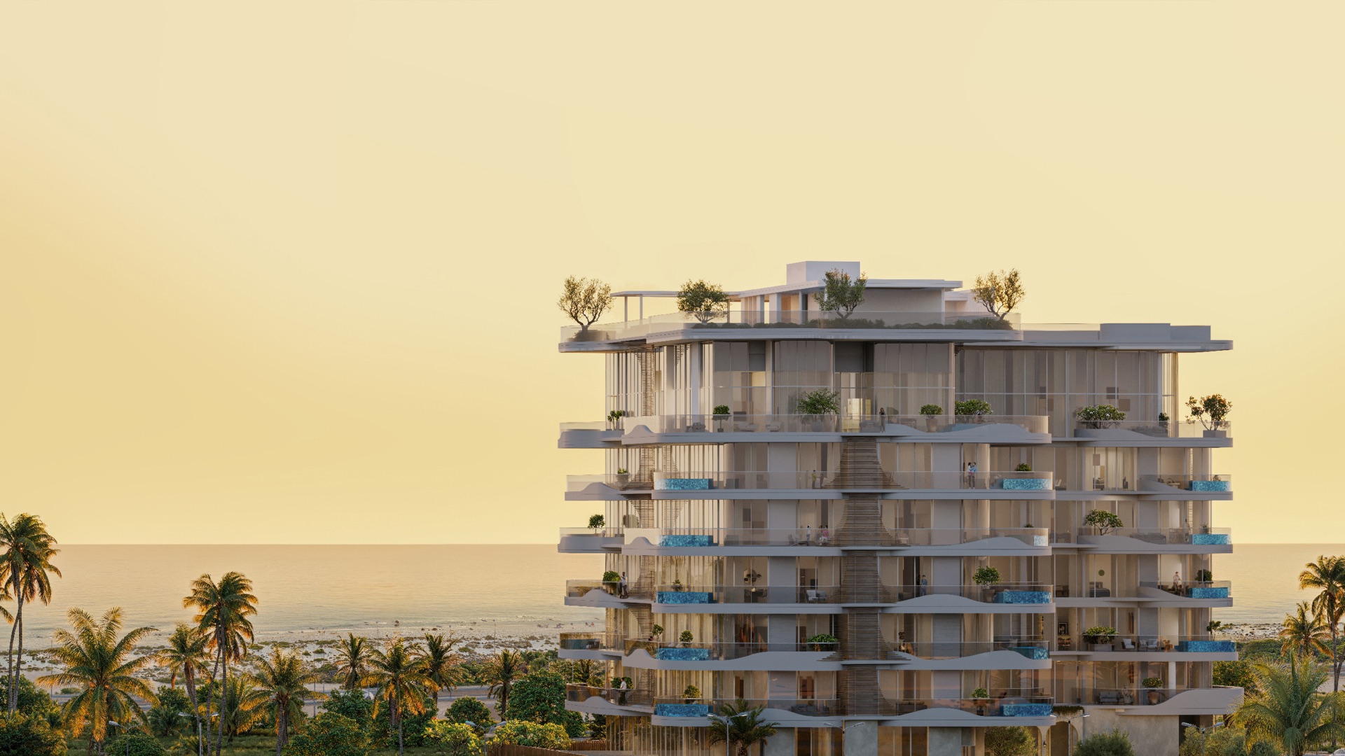 La Perla ocean-side exterior at golden hour architectural rendering