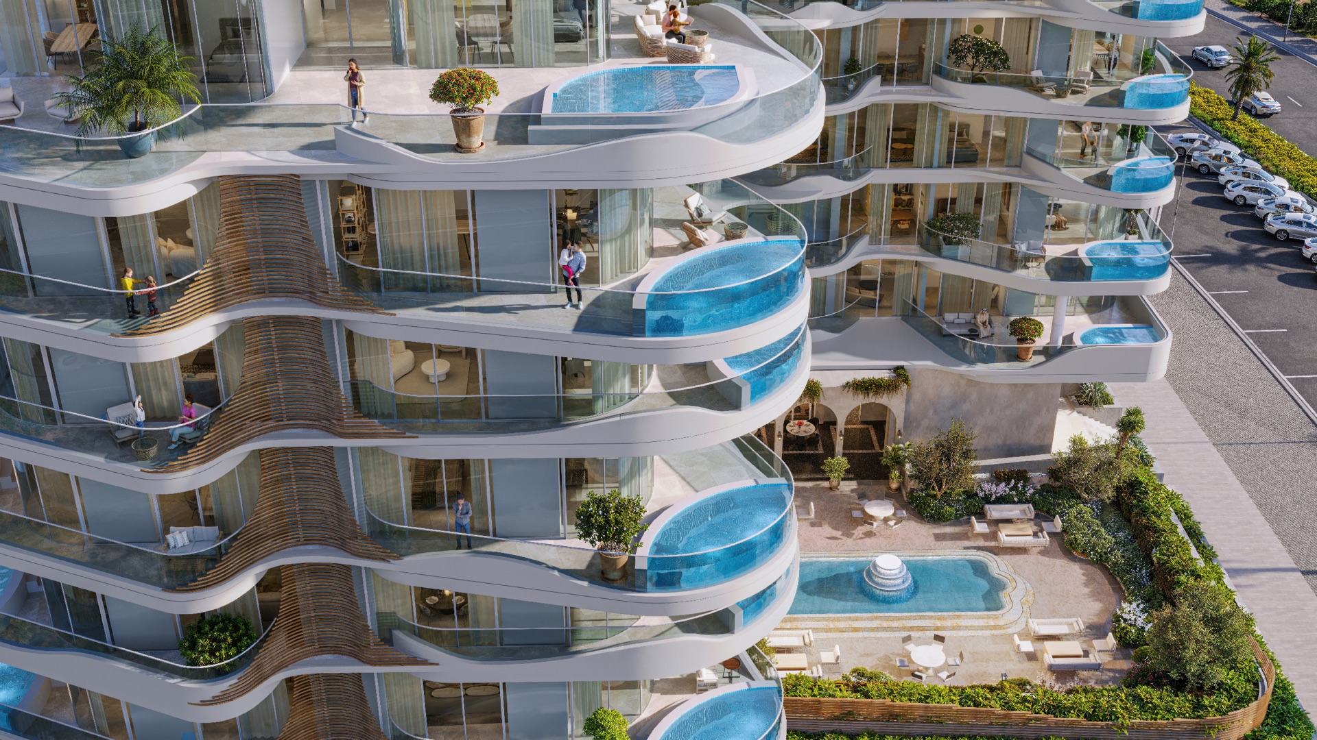 La Perla curved balconies and plunge pools architectural rendering