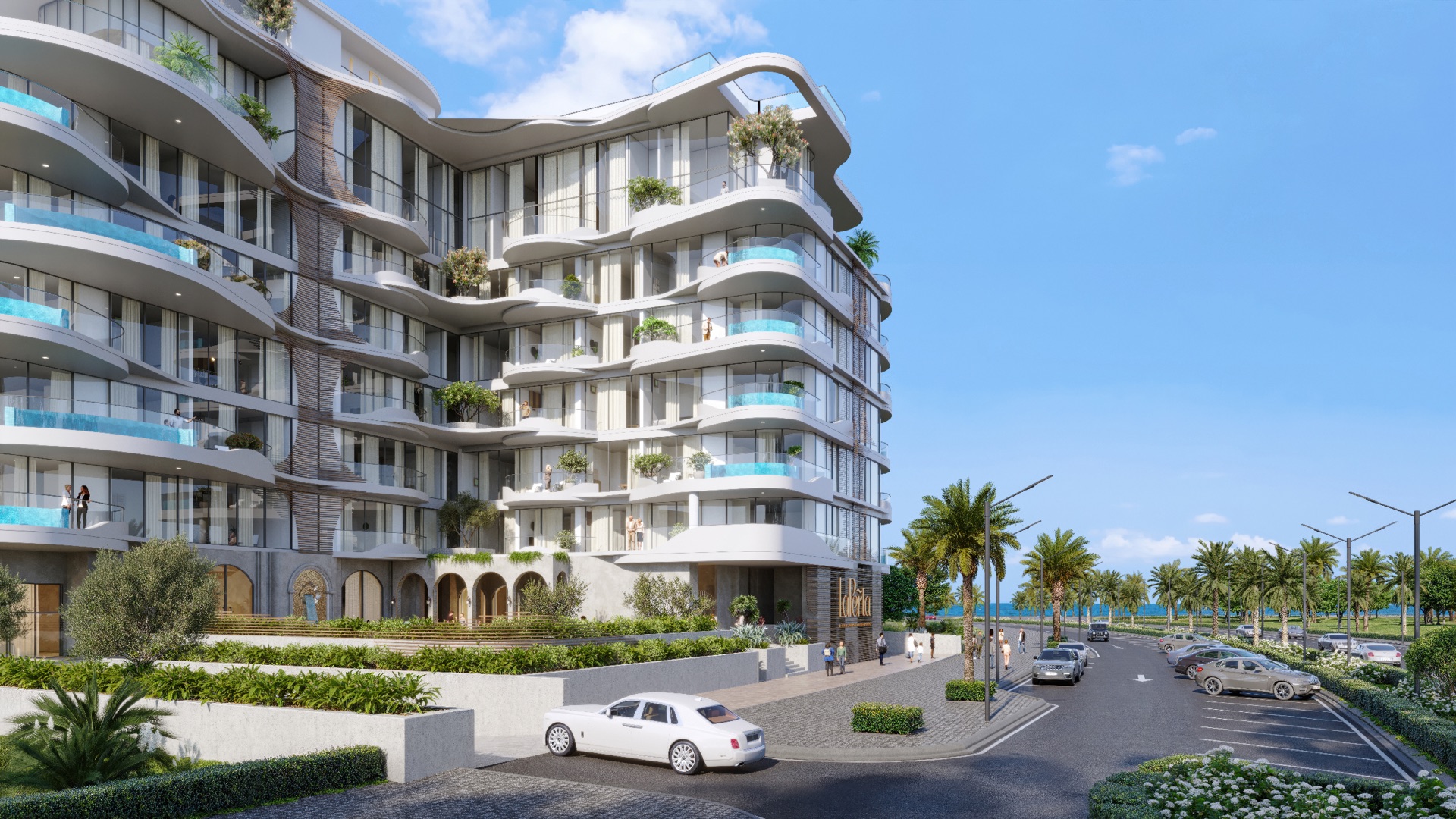 La Perla entrance facade and landscaping architectural rendering
