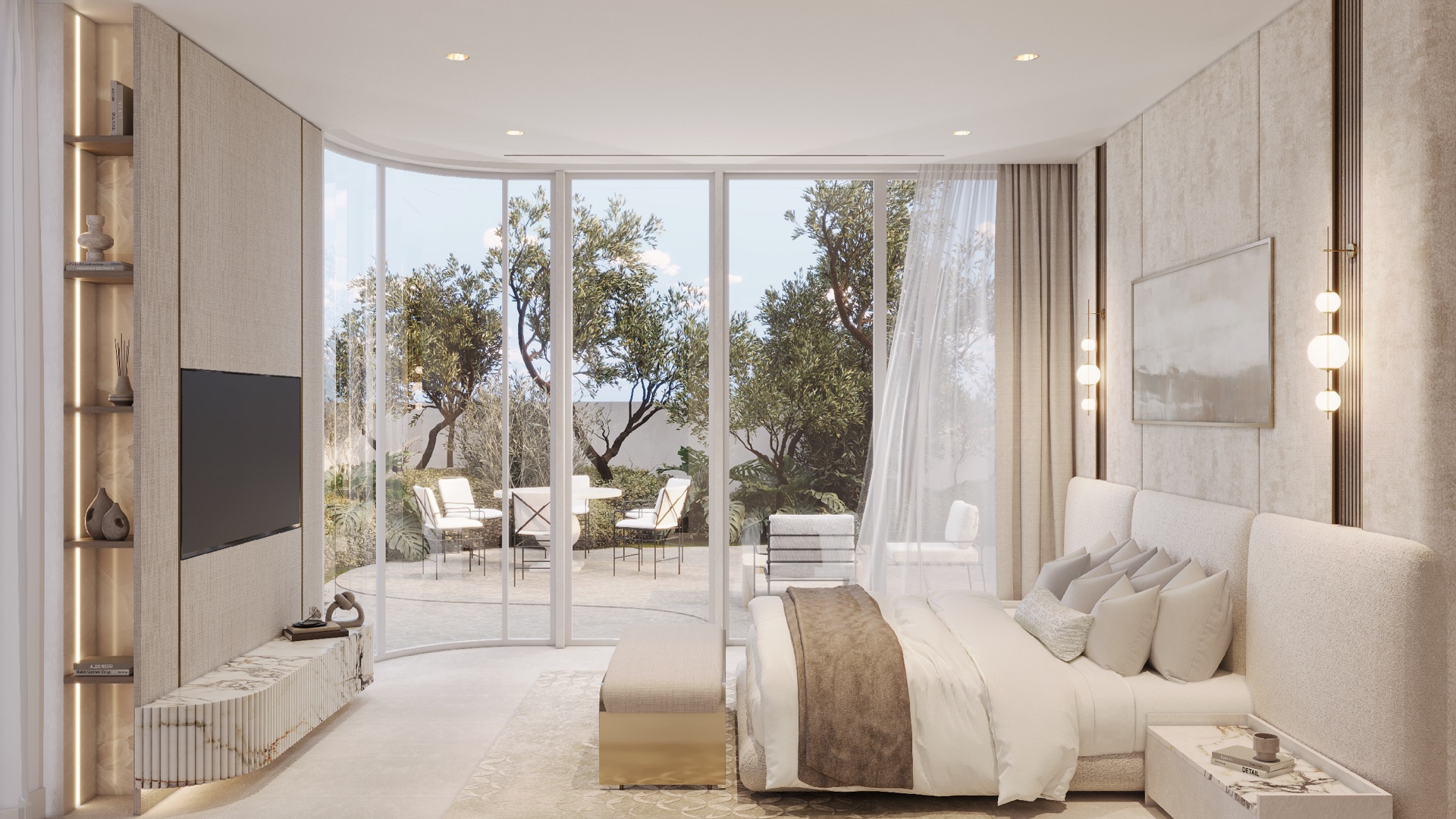 La Perla bedroom opening onto a garden terrace architectural rendering