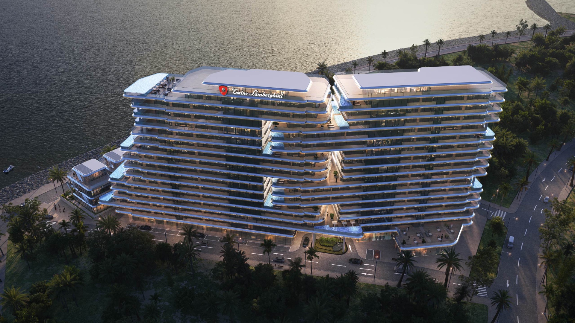 Tonino Lamborghini Residences aerial exterior architectural rendering