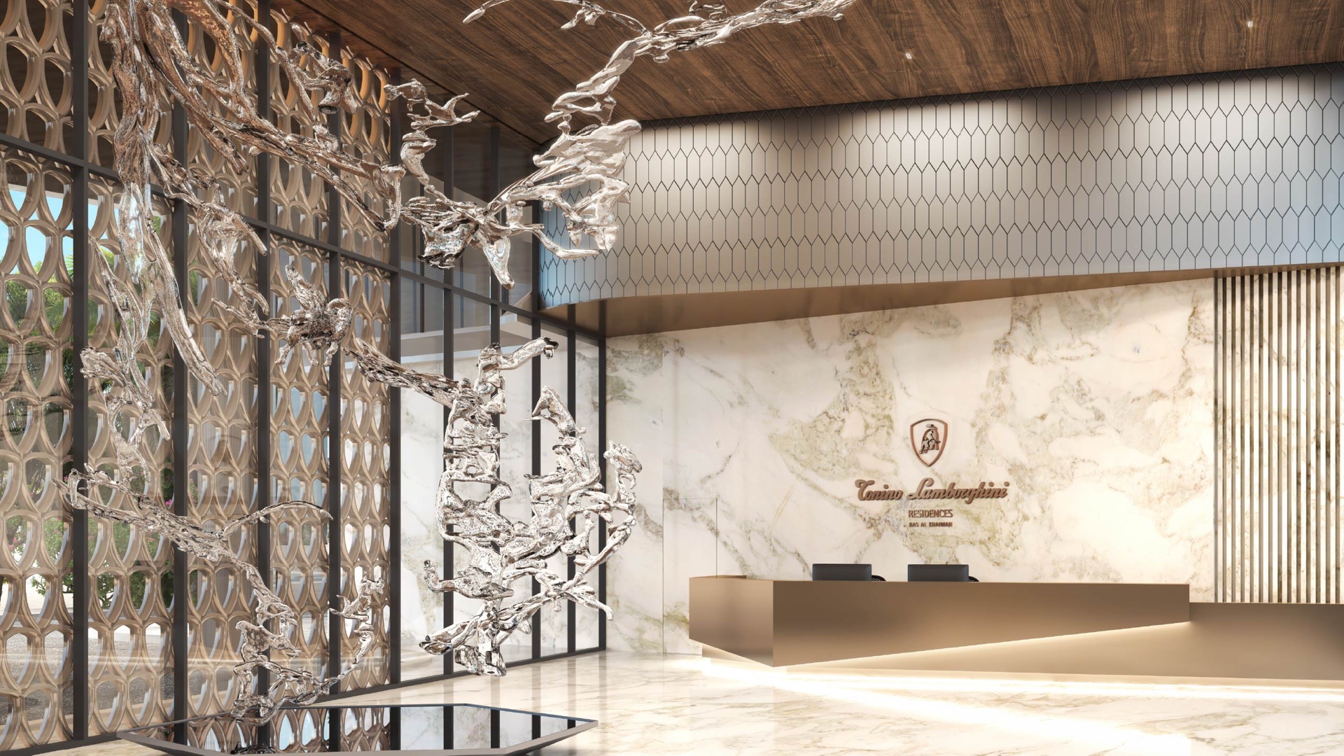 Tonino Lamborghini Residences branded reception architectural rendering