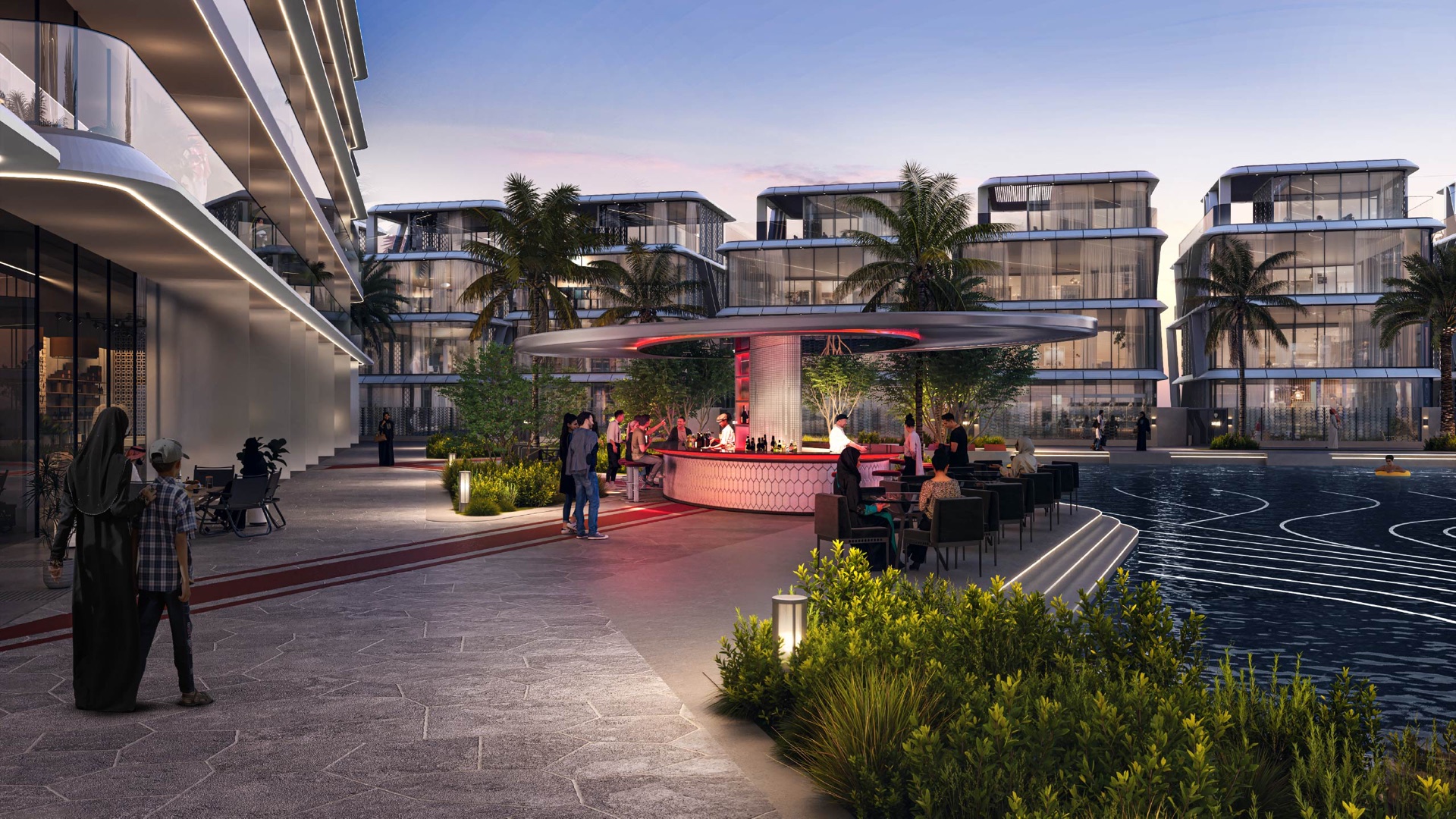 Tonino Lamborghini Residences pool courtyard and pavilion architectural rendering