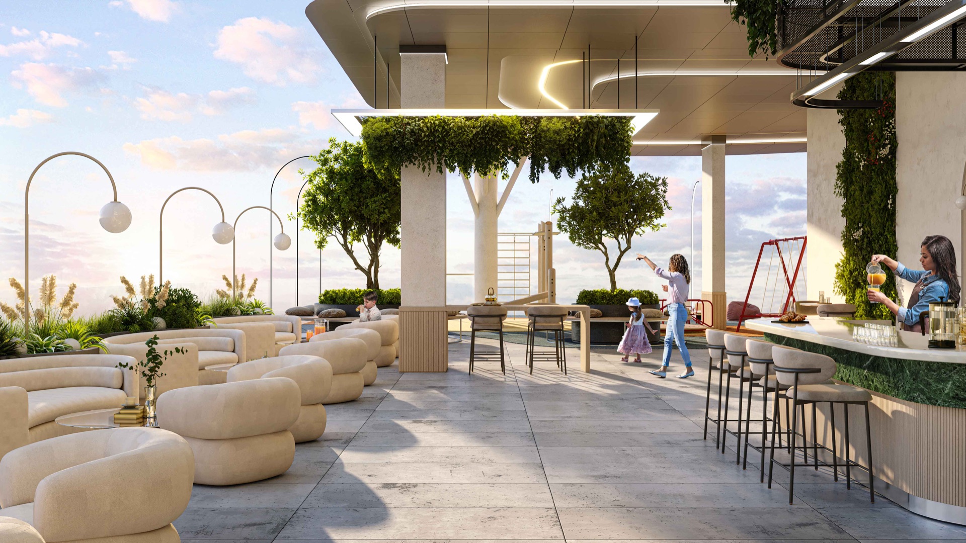 Orvessa rooftop family amenity terrace and café architectural rendering