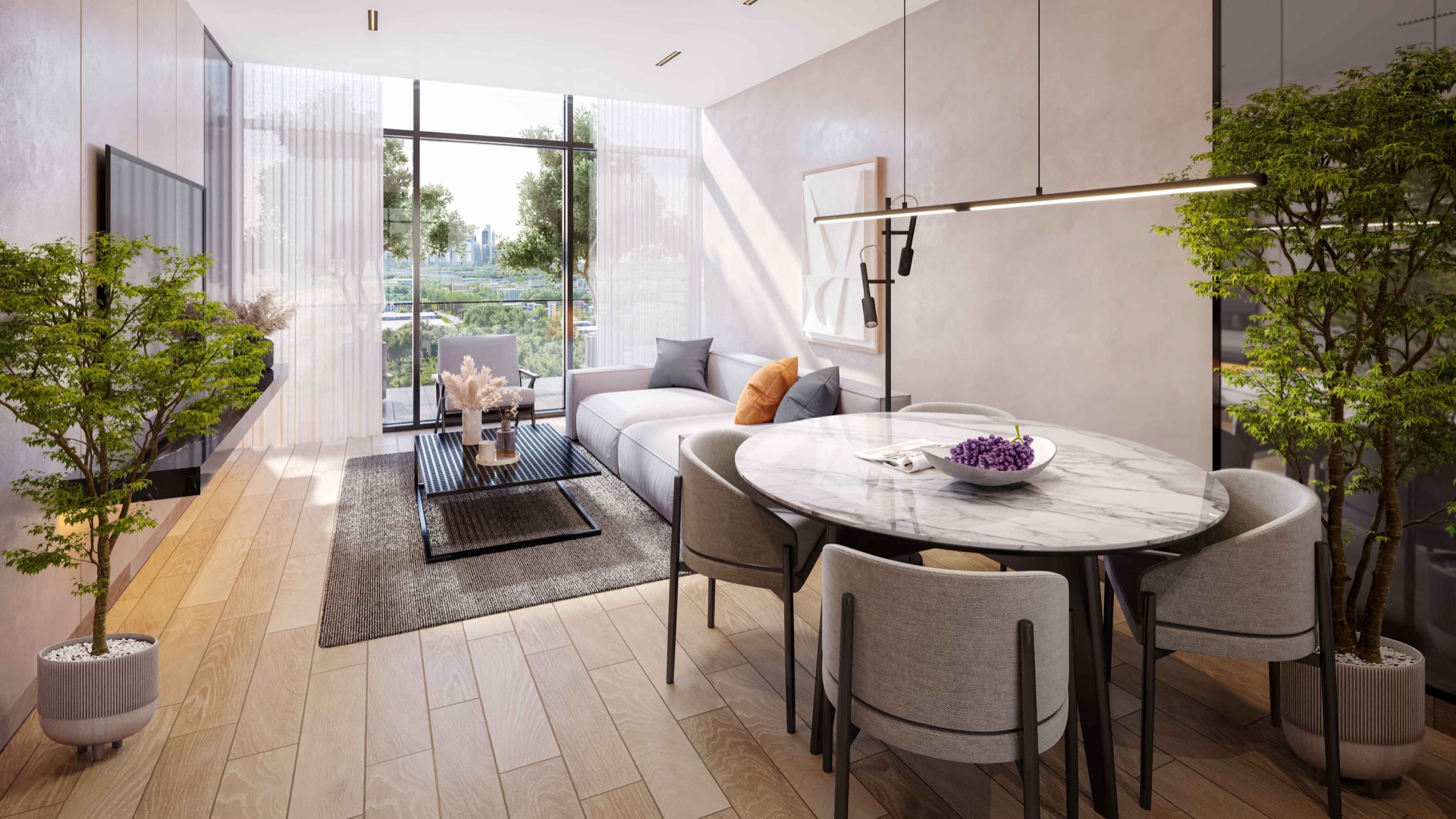 Open-plan living and dining architectural rendering