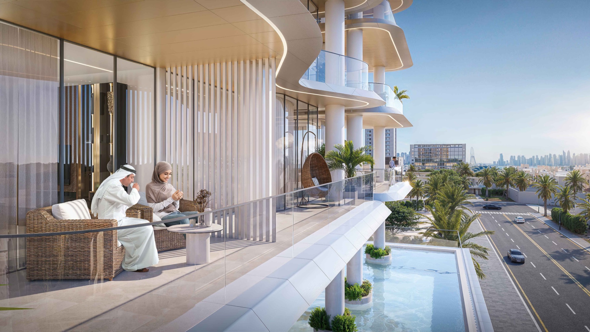 Private balcony and district outlook architectural rendering