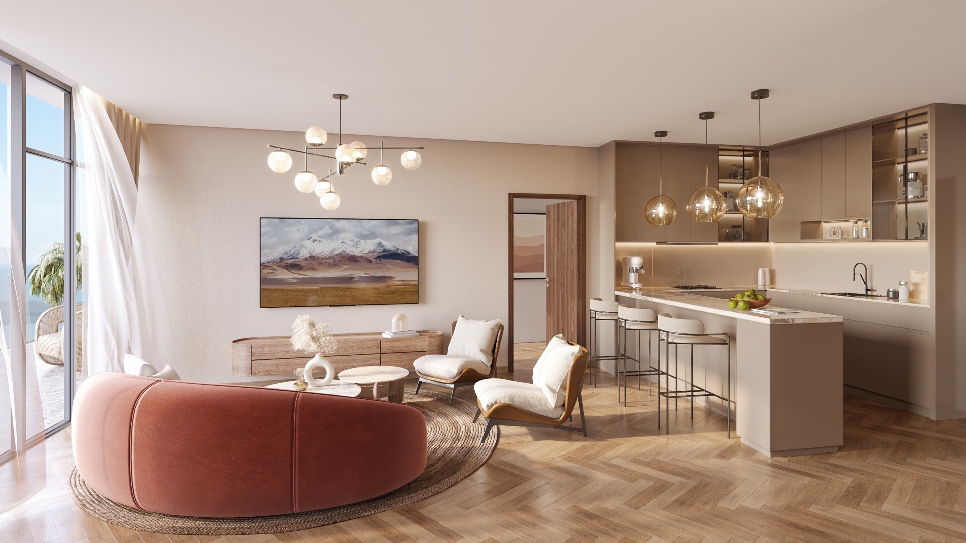 Radisson Blu living and kitchen architectural rendering