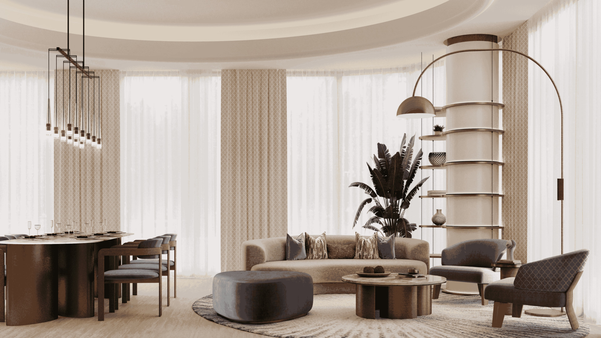 Taj Wellington Mews curved living and formal dining interior architectural rendering
