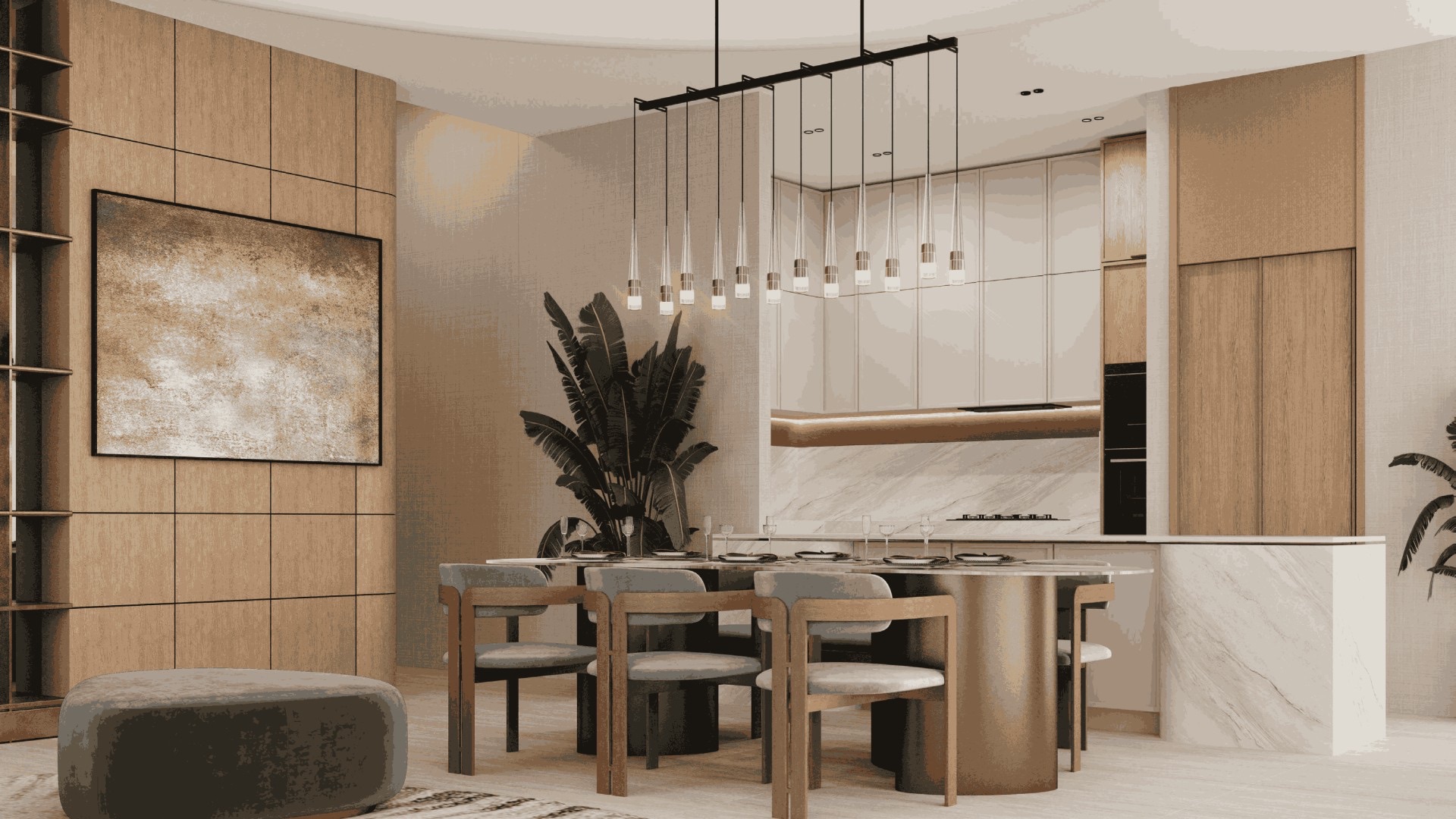Taj Wellington Mews dining room and marble-finished kitchen architectural rendering