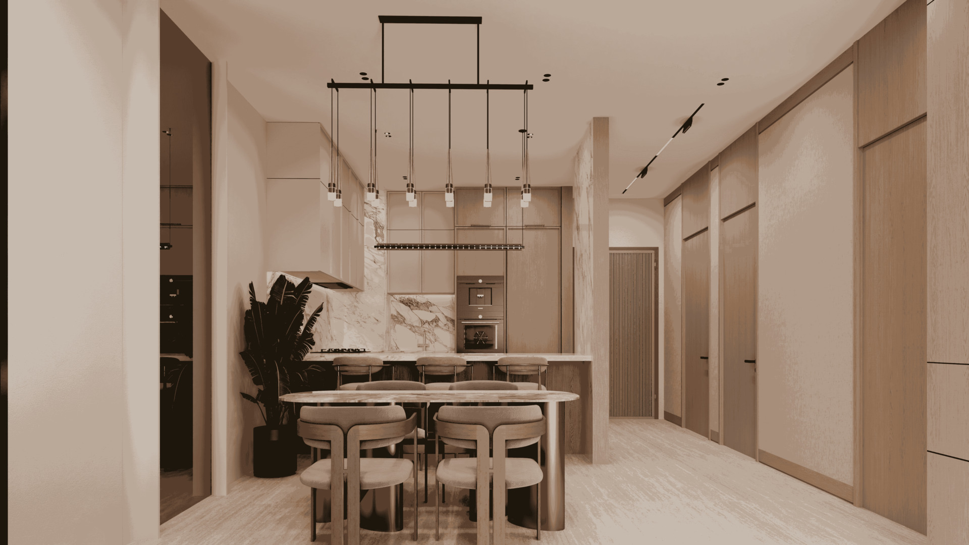 Taj Wellington Mews dining kitchen and hallway architectural rendering